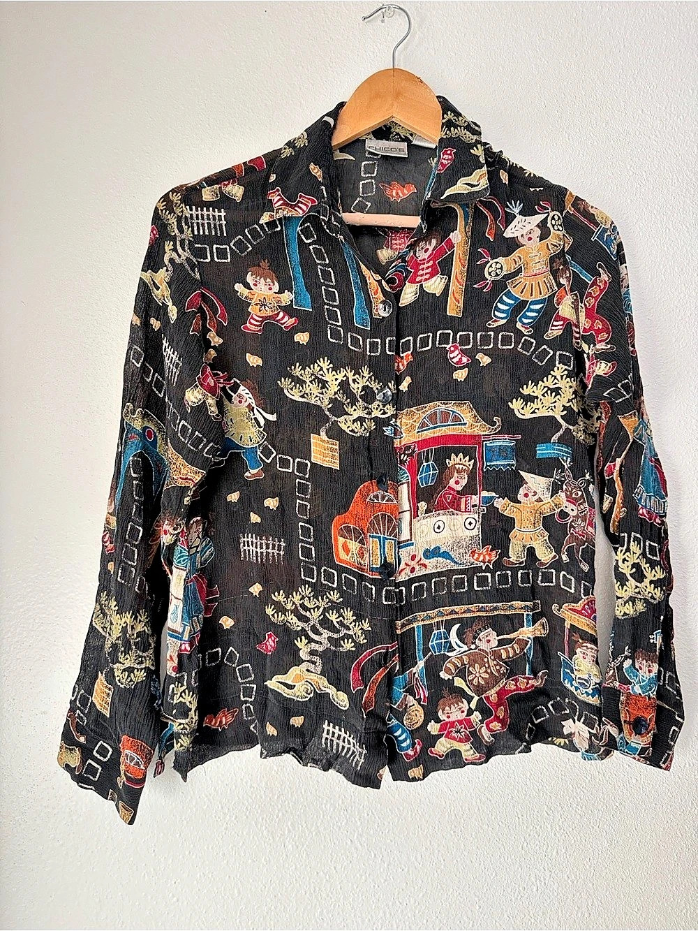 VTG Chico’s Silk Black Oriental Inspired Fairytale Novelty Top Sz 0 oversized - Picture 1 of 8